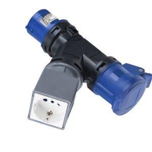 Famatel Adaptador clavija industrial 2P+T / 1 base industrial 2P+T + 1 base schuko IP20 Ref: 15002