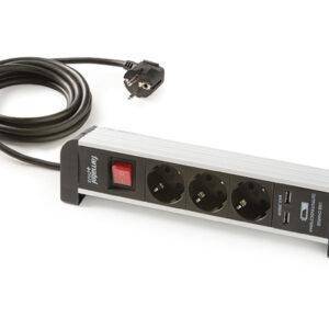Famatel Base aluminio 3 tomas 16A con toma de tierra, interruptor, 2 puertos USB y 1.5m cable