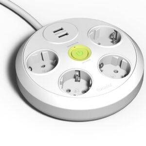 Famatel Base redonda 4 tomas 16A con toma de tierra, interruptor, 2 puertos USB y 1.5m de cable