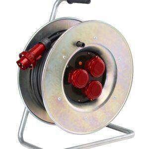 Famatel Enrollacable metalico IP55 50m; entrada: clavija industrial 3P+N+T 16A / salida: 3 bases industriales 3P+T 16A