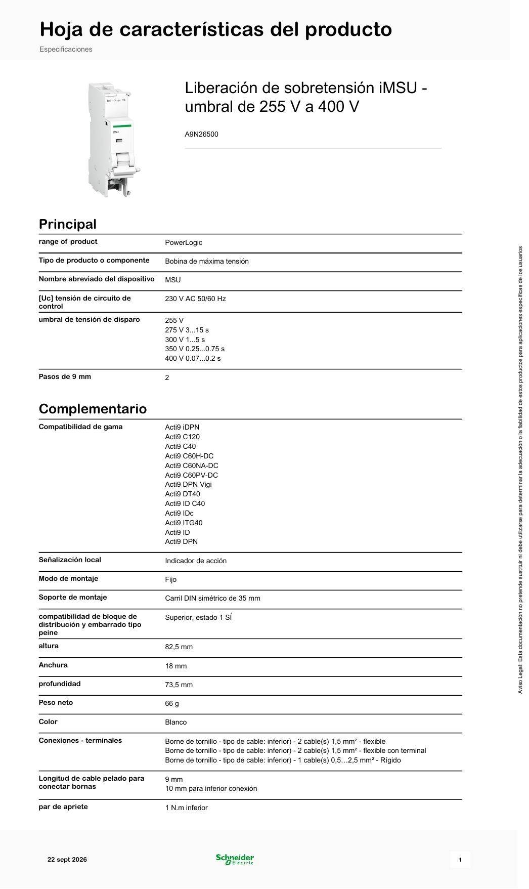Schneider A9N26500 Bobina protección sobretensiones MSU EN50550 - Imagen 2