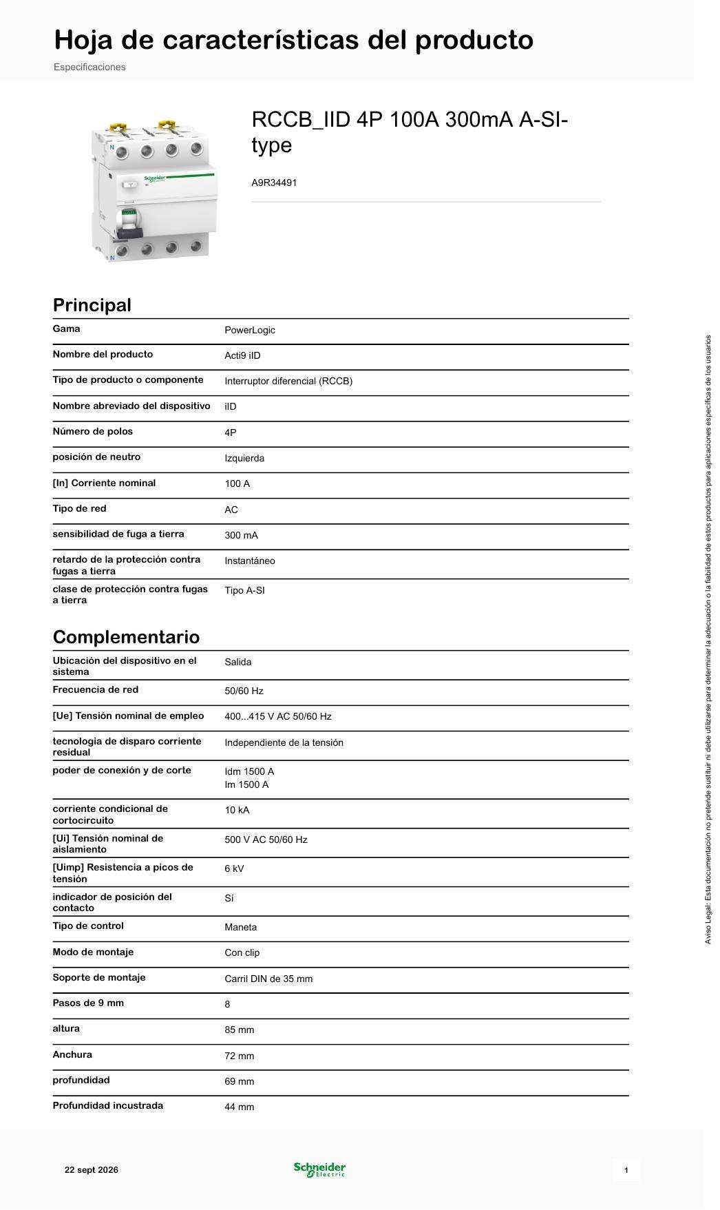 Schneider RCCB_IID 4P 100A 300mA A-SI-type - Imagen 2