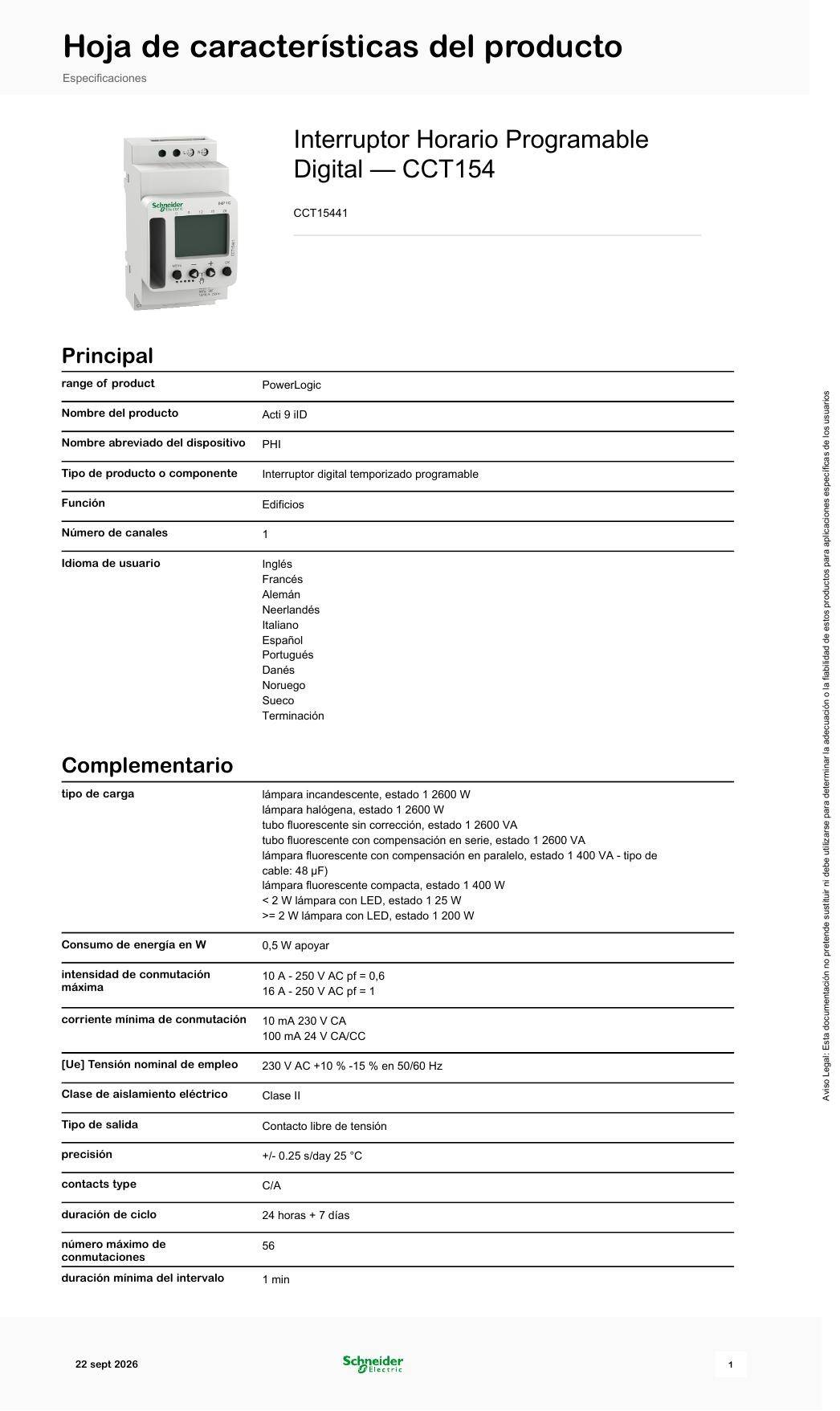 Schneider INT.Horario Programable IHP 1CANAL 2,5 MOD - Imagen 2