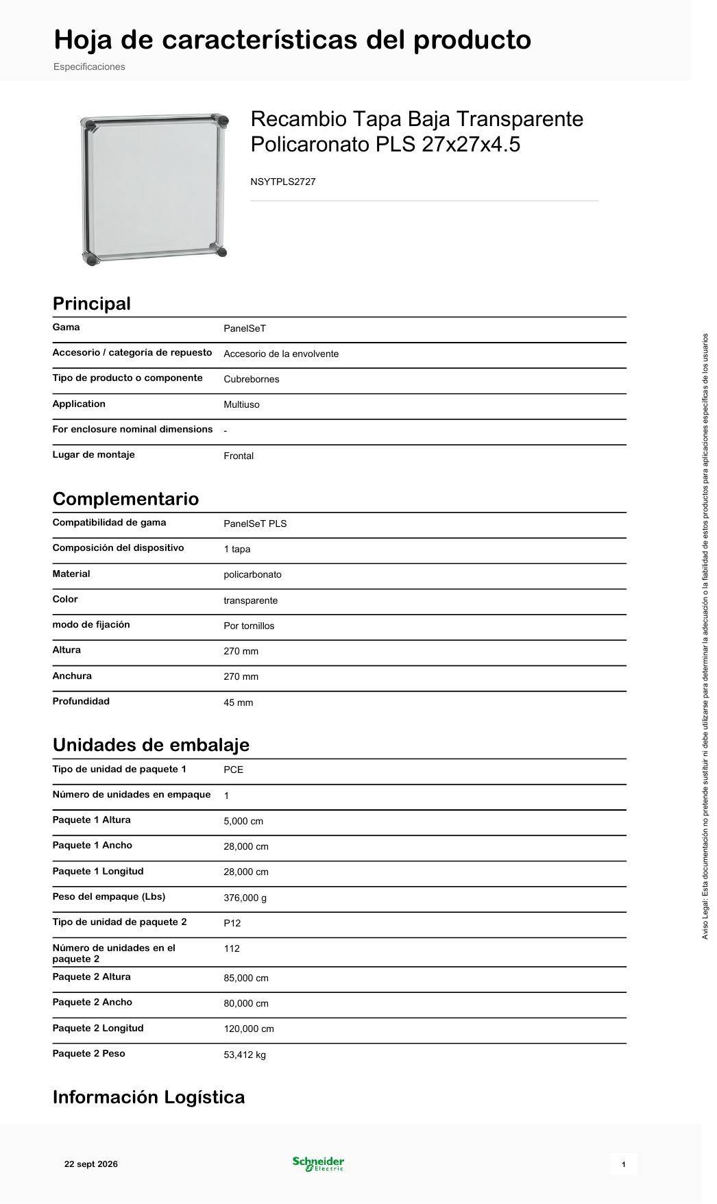 Schneider NSYTPLS2727 Tapa baja transparente 270x270x45 - Imagen 2