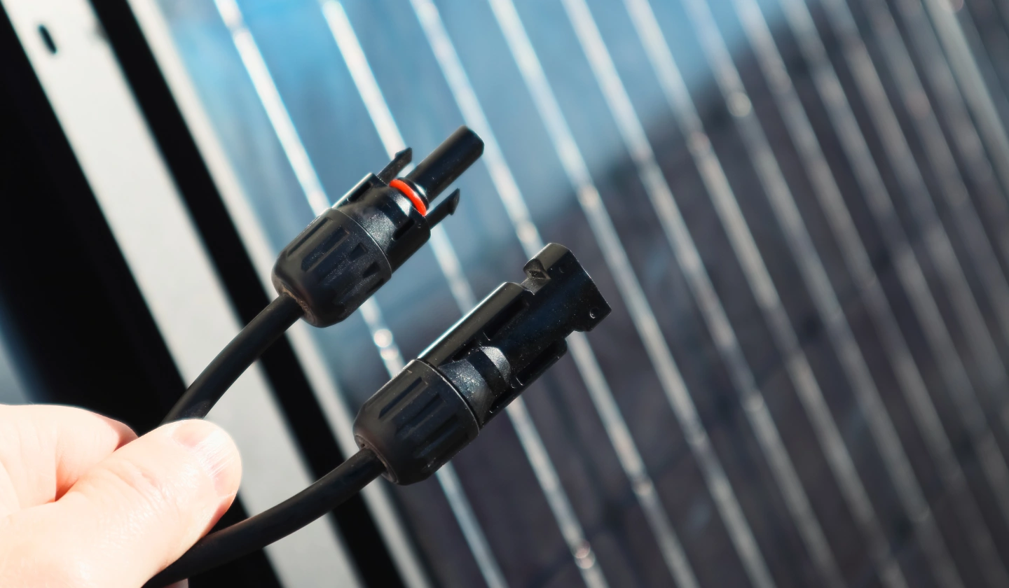 Mano sujetando dos conectores MC4 de cable solar delante de un módulo fotovoltaico